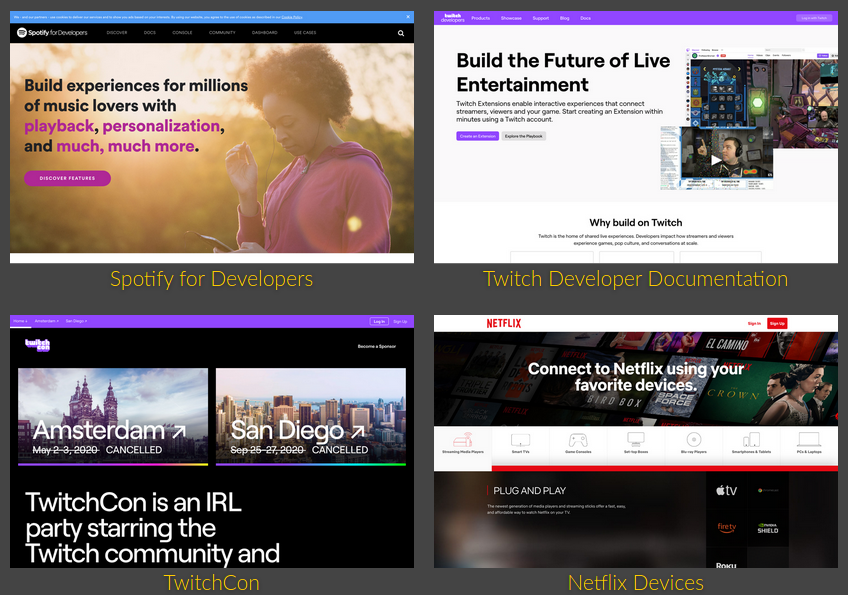 Screenshot from the Jekyll showcase web page, showing four example sites